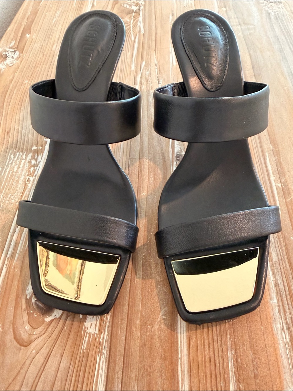 Schutz Black Aruana Double-Strap Leather Heel Mule Sandals (Size 8.5)